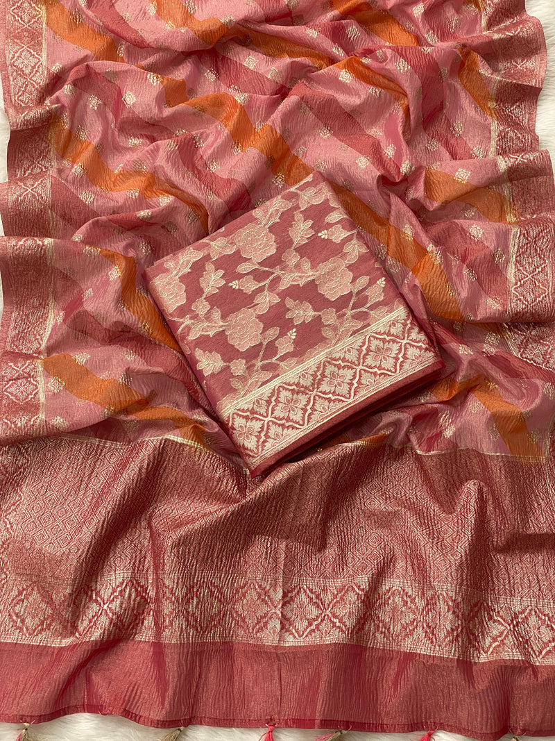 Pure Banarasi Tissue Silk Zari weaved unstitched suit with tissue crushed Dupatta