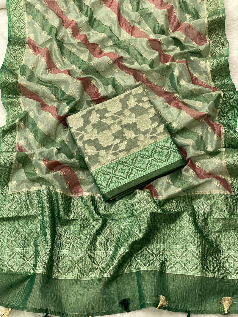 Pure Banarasi Tissue Silk Zari weaved unstitched suit with tissue crushed Dupatta