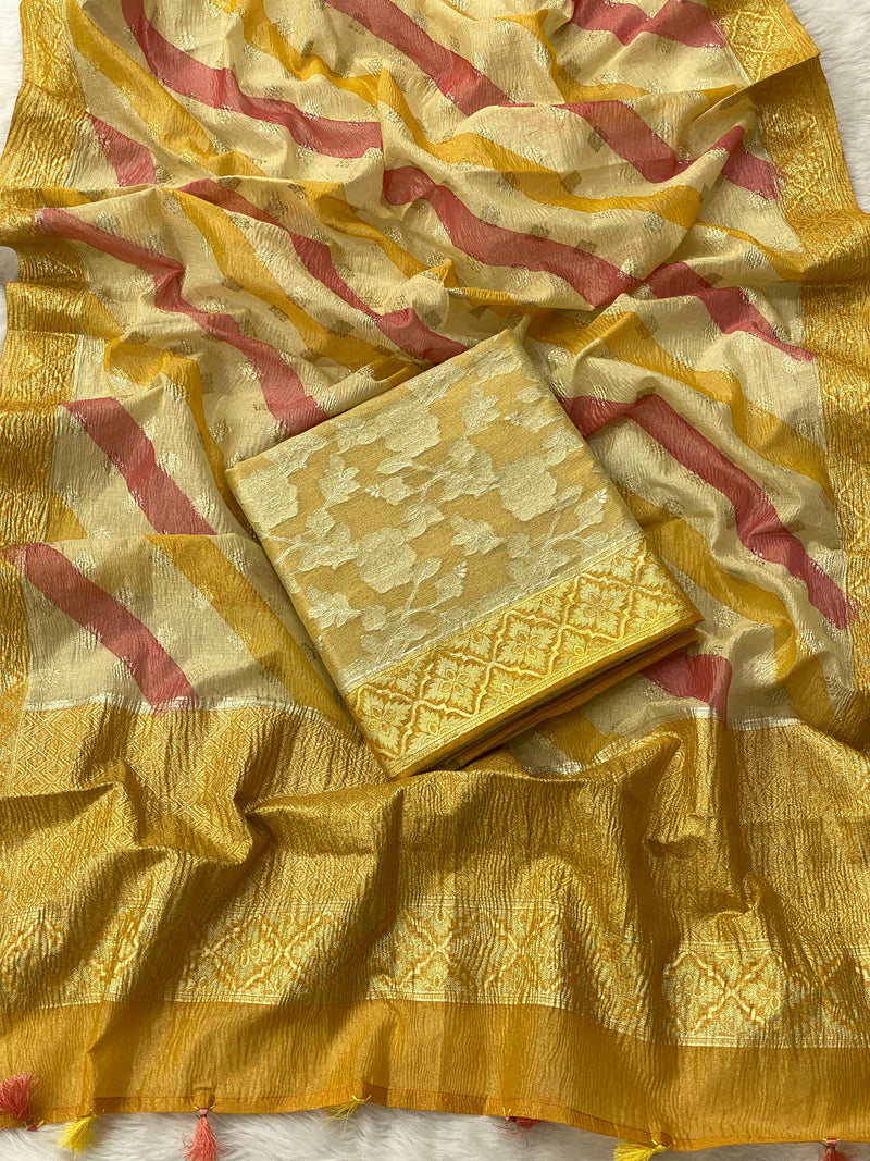 Pure Banarasi Tissue Silk Zari weaved unstitched suit with tissue crushed Dupatta