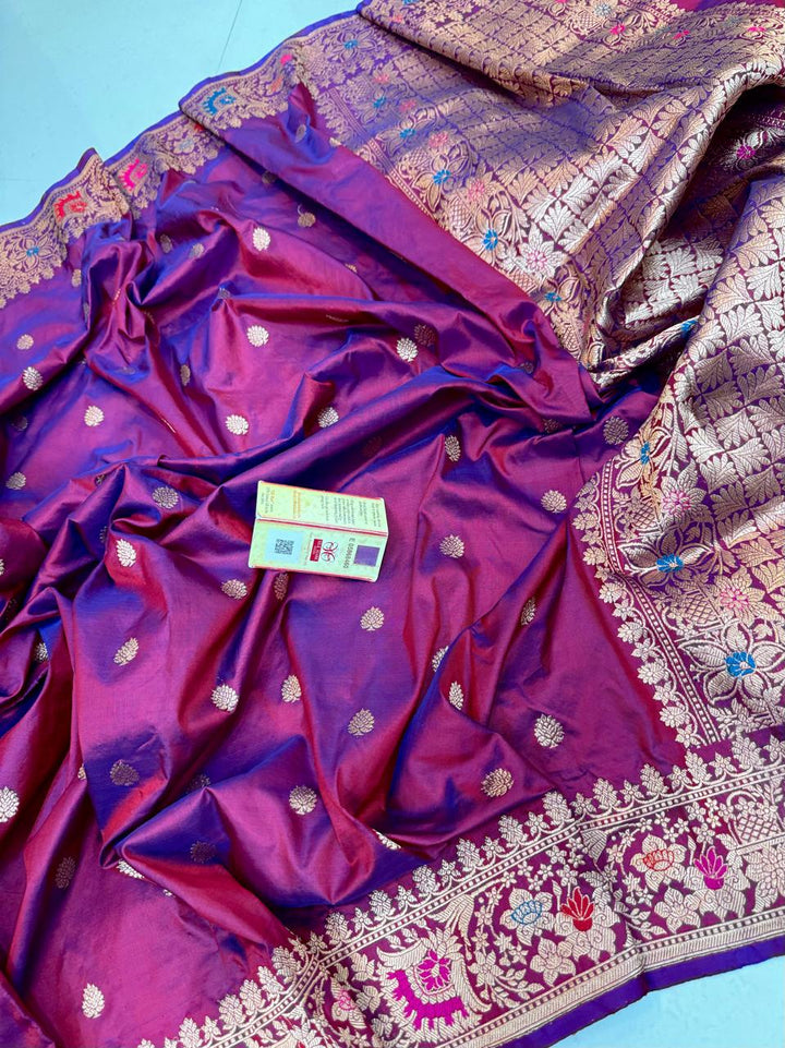 Pure Handloom Banarasi Katan Silk Meenakri Work Saree with Antique Zari Work and silk mark certified