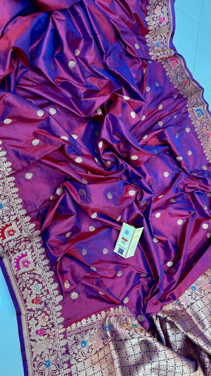 Pure Handloom Banarasi Katan Silk Meenakri Work Saree with Antique Zari Work and silk mark certified