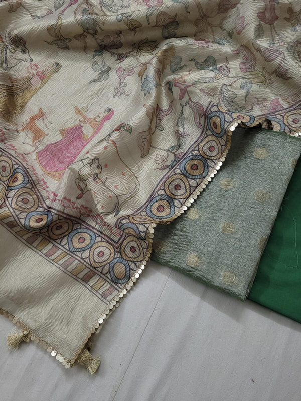 Banarasi Tissue Silk Unstitched Suit with Crushed and digital printed Tissue Dupatta