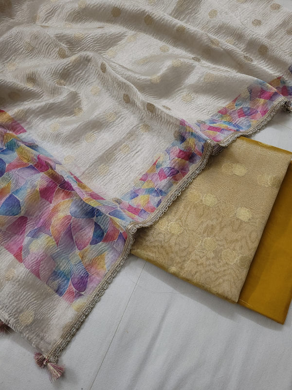 Banarasi Tissue Silk Unstitched Suit with Crushed and digital printed Tissue Dupatta