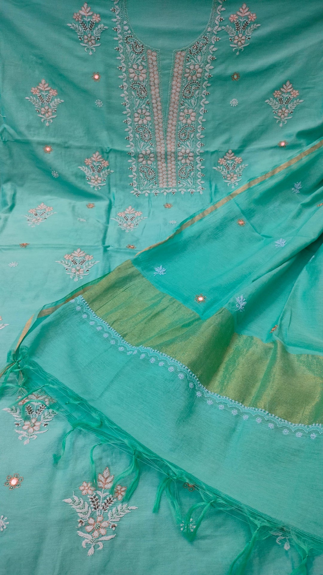 Pure Chanderi Silk 70 gm with Beautiful hand chikankari work embellished with moti work 2PC unstitched Suit