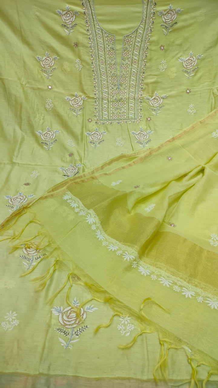 Pure Chanderi Silk 70 gm with Beautiful hand chikankari work embellished with moti work 2PC unstitched Suit