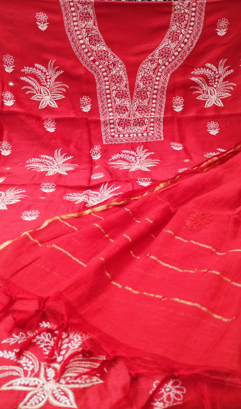 Pure Chanderi Silk 70 gm with Beautiful hand chikankari work embellished with moti work 2PC unstitched Suit