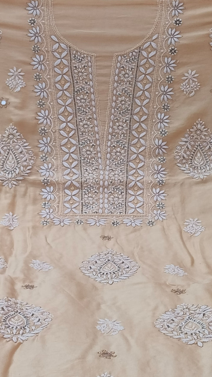 Pure Chanderi Silk 70 gm with Beautiful hand chikankari work embellished with moti work 2PC unstitched Suit