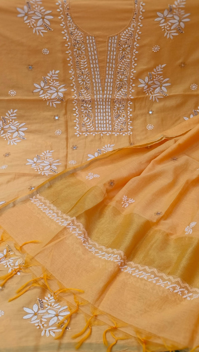 Pure Chanderi Silk 70 gm with Beautiful hand chikankari work embellished with moti work 2PC unstitched Suit