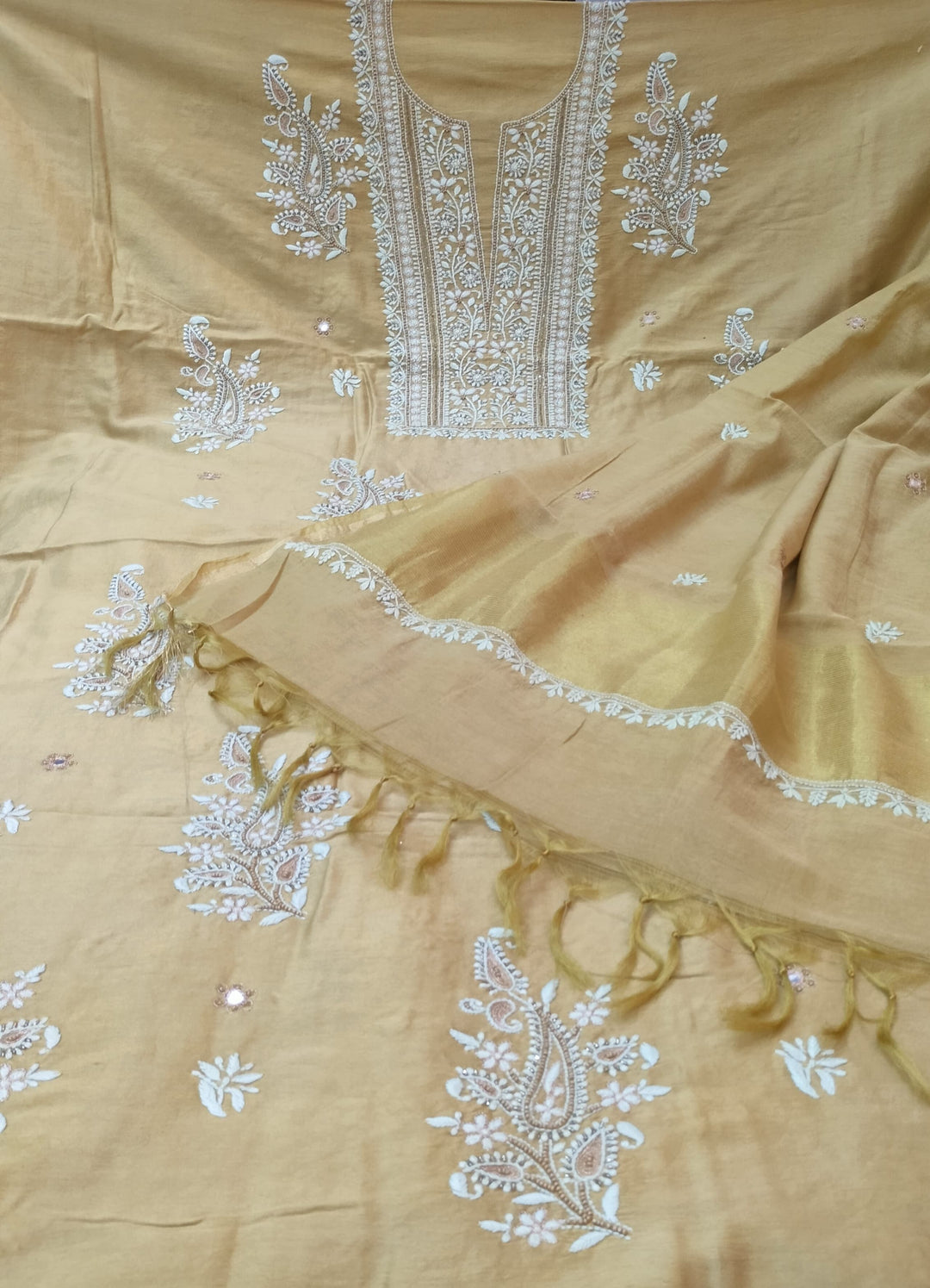 Pure Chanderi Silk 70 gm with Beautiful hand chikankari work embellished with moti work 2PC unstitched Suit