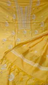 Pure Chanderi Silk 70 gm with Beautiful hand chikankari work embellished with moti work 2PC unstitched Suit