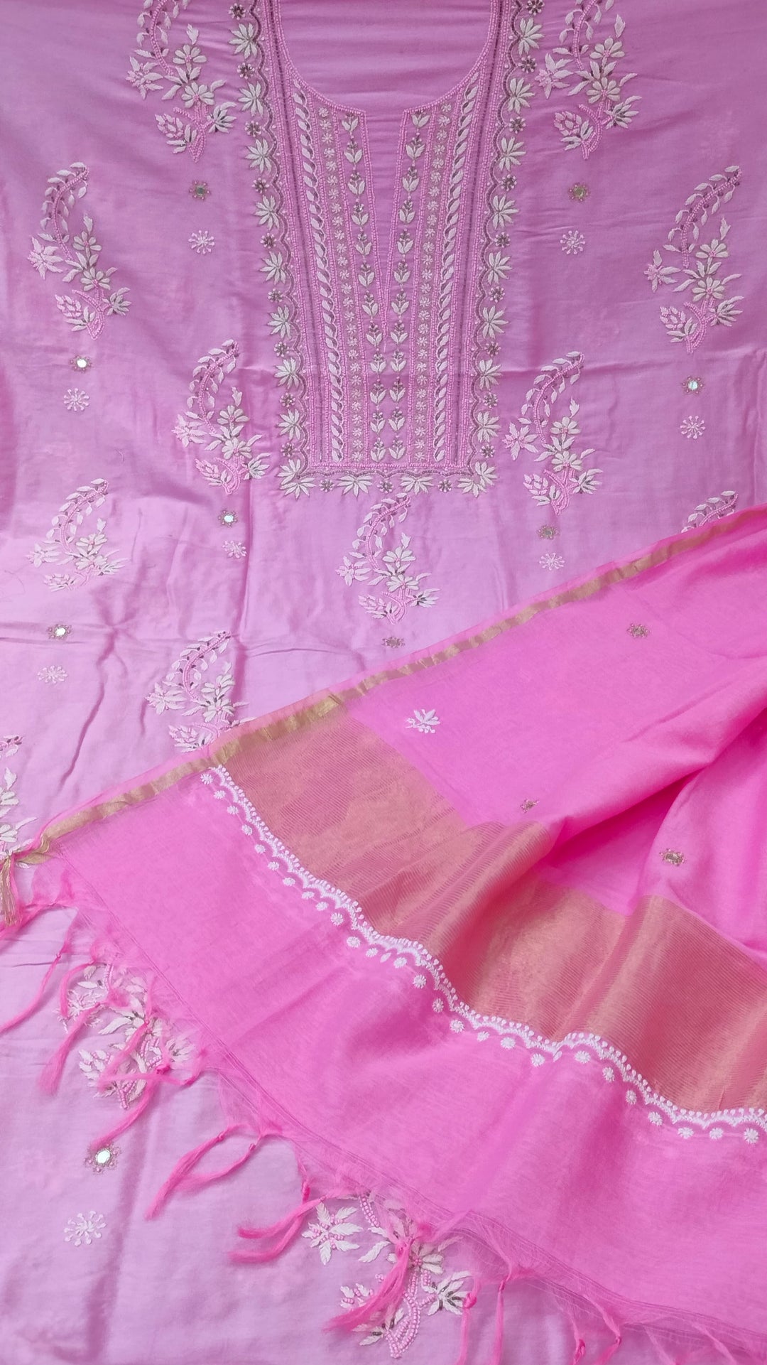 Pure Chanderi Silk 70 gm with Beautiful hand chikankari work embellished with moti work 2PC unstitched Suit