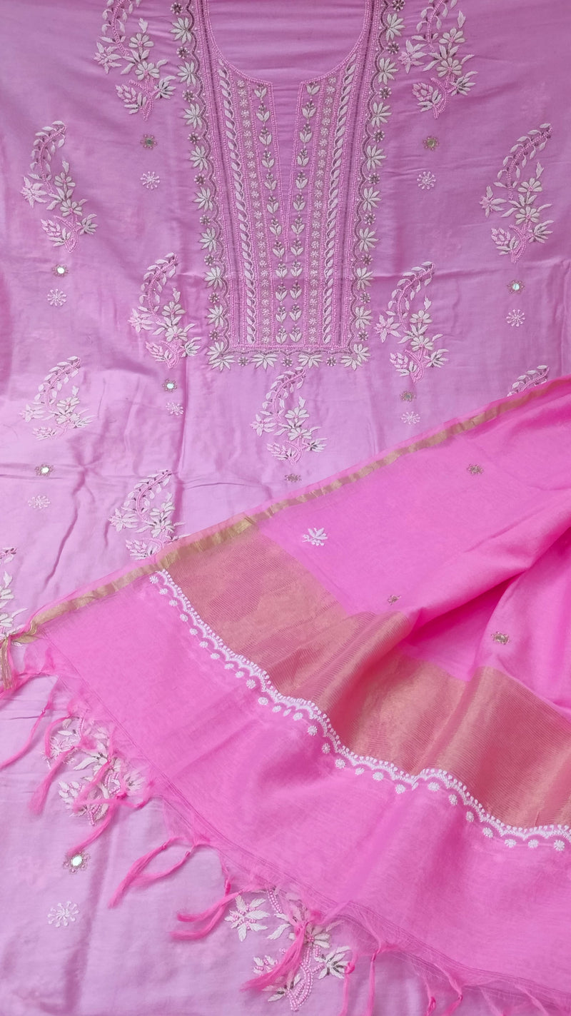 Pure Chanderi Silk 70 gm with Beautiful hand chikankari work embellished with moti work 2PC unstitched Suit