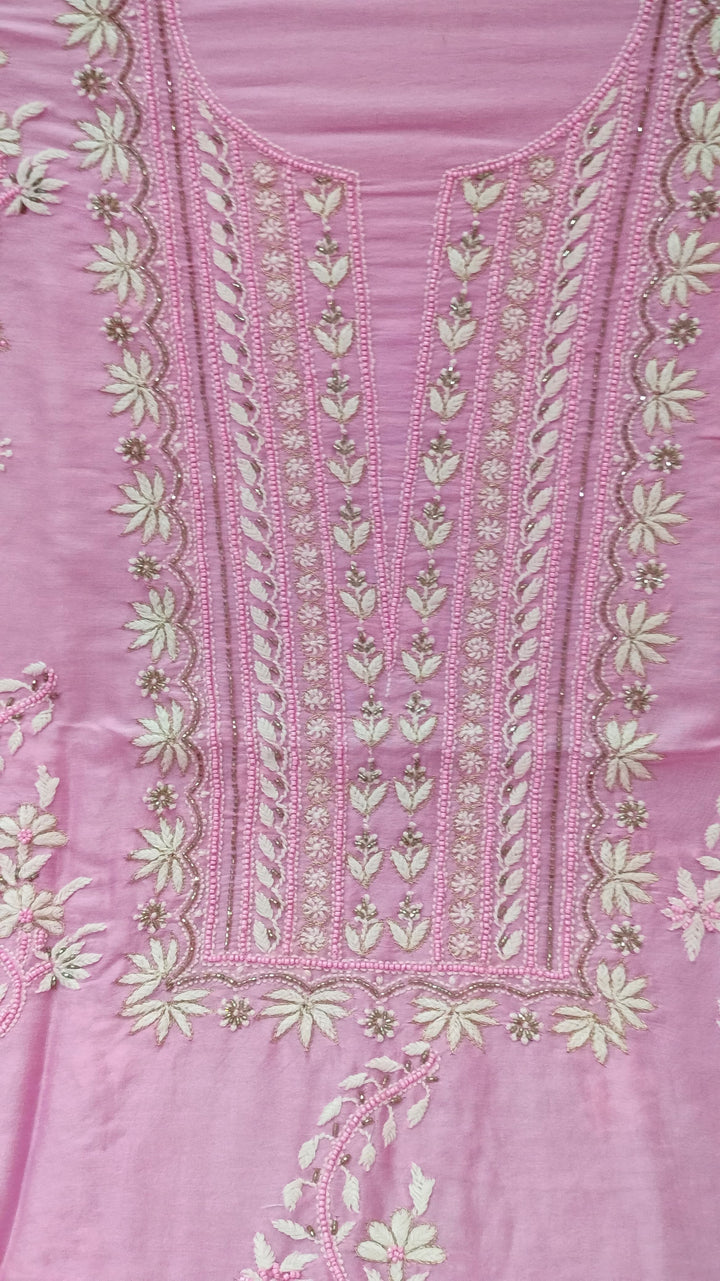 Pure Chanderi Silk 70 gm with Beautiful hand chikankari work embellished with moti work 2PC unstitched Suit