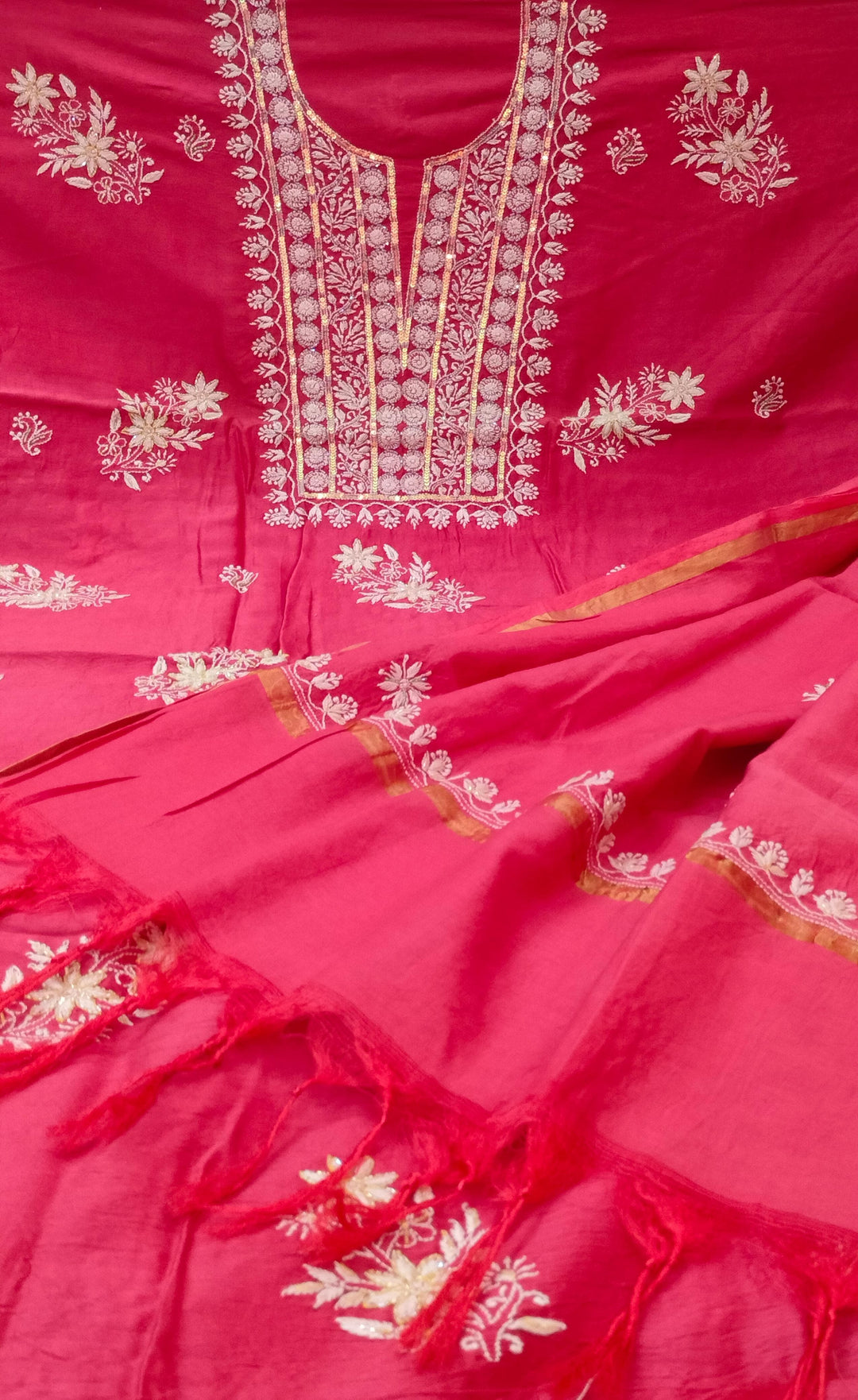 Pure Chanderi Silk 70 gm with Beautiful hand chikankari work embellished with moti work 2PC unstitched Suit