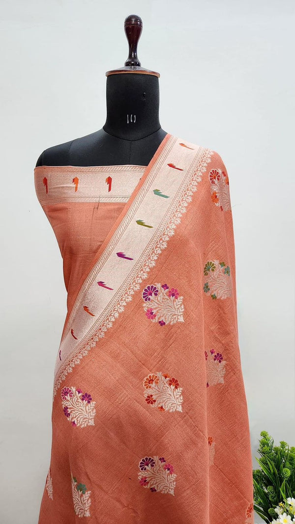 Pure Banarasi Handloom Tussar Silk Saree With Beautiful Paitheni and Zari Work