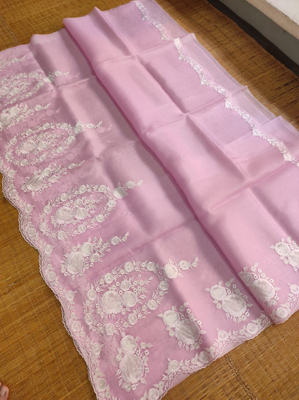 Pure Organza Silk Saree with Torani Style Scalloped Embroidery Work Saree