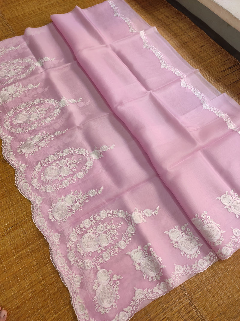 Pure Organza Silk Saree with Torani Style Scalloped Embroidery Work Saree