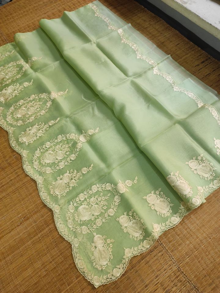 Pure Organza Silk Saree with Torani Style Scalloped Embroidery Work Saree