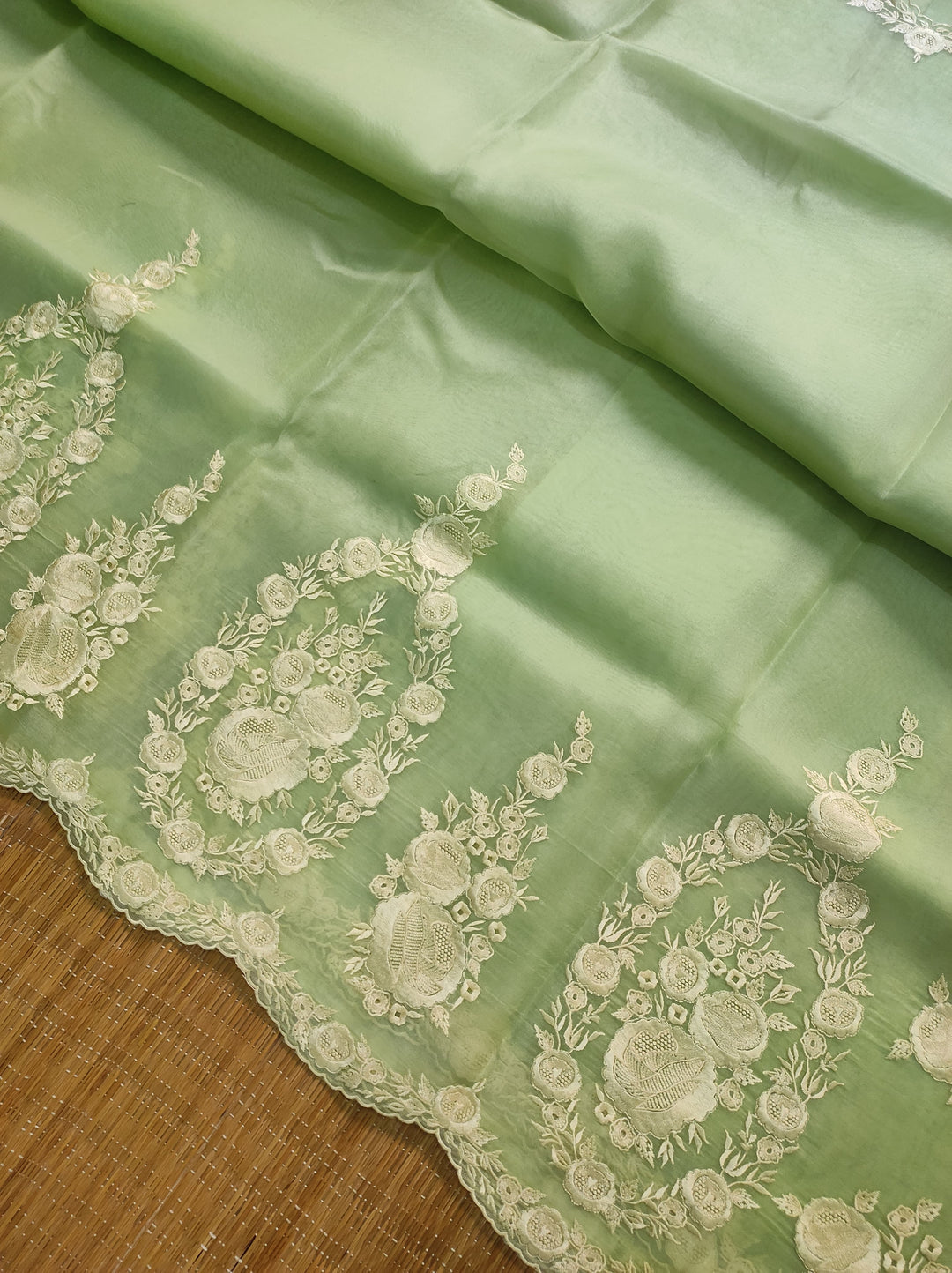 Pure Organza Silk Saree with Torani Style Scalloped Embroidery Work Saree