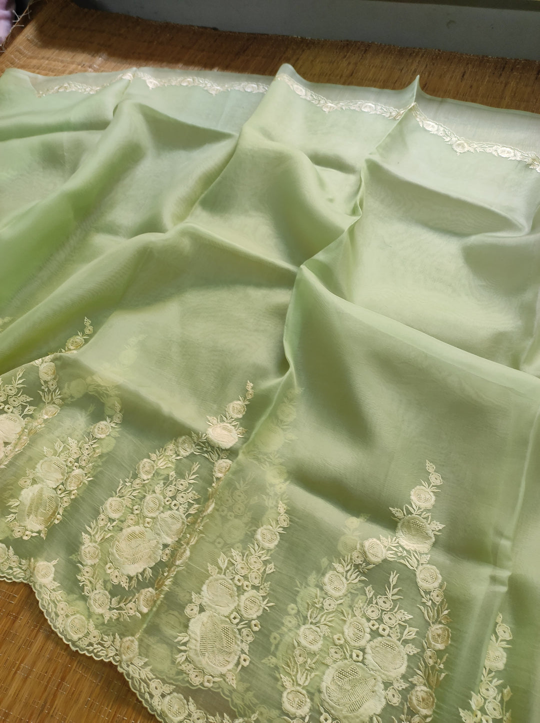 Pure Organza Silk Saree with Torani Style Scalloped Embroidery Work Saree