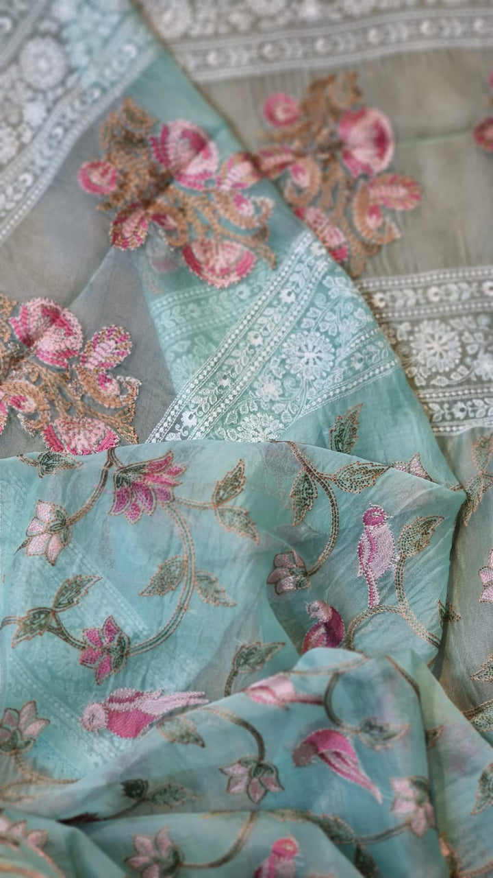 Pure Organza Silk Embroidery Katha Chikankari Border Saree with Velvet lace and blouse