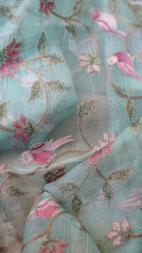 Pure Organza Silk Embroidery Katha Chikankari Border Saree with Velvet lace and blouse