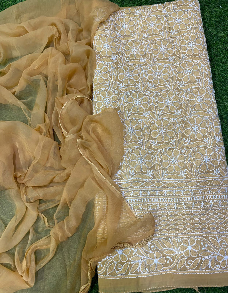 Pure Cotton Chikankari Work 3 PC Unstitched Suit With Chiffon Dupatta