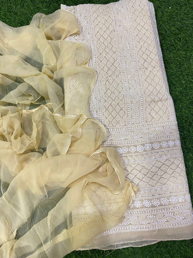 Pure Cotton Chikankari Work 3 PC Unstitched Suit With Chiffon Dupatta