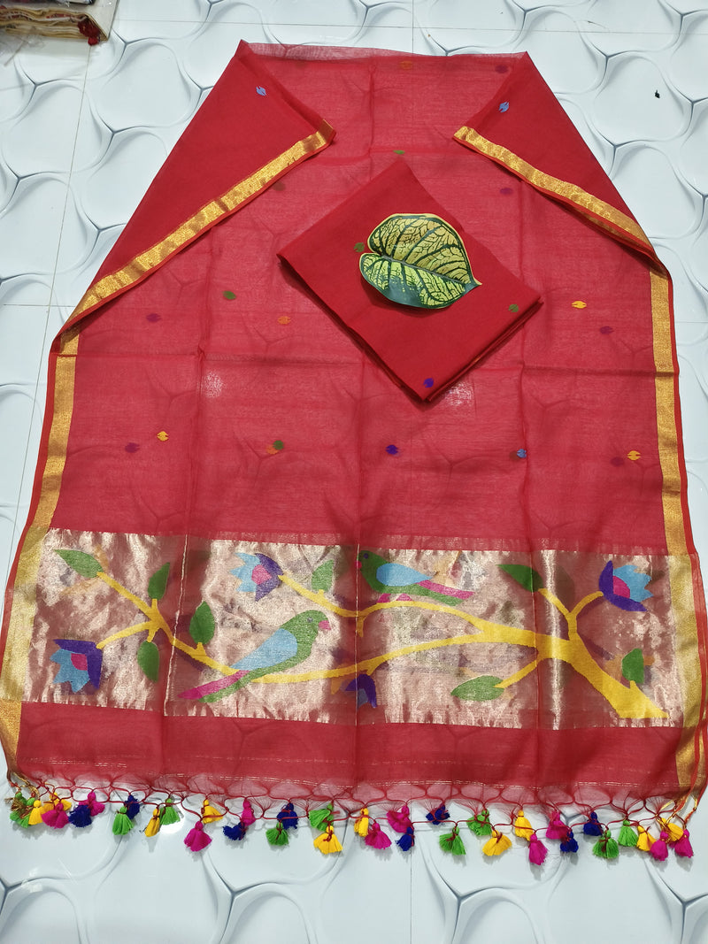 Pure Muslin Cotton Jamdani weaved 2 Pc Unstitched Suit with Paithani border