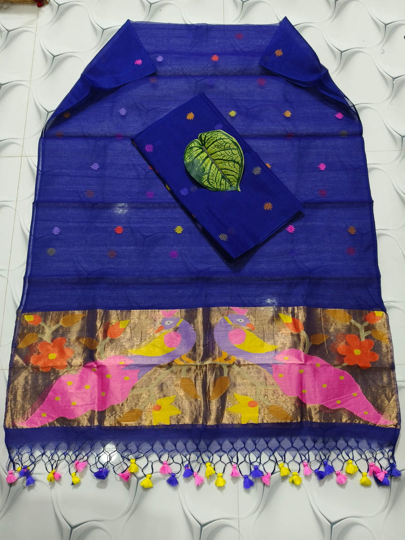 Pure Muslin Cotton Jamdani weaved 2 Pc Unstitched Suit with Paithani border