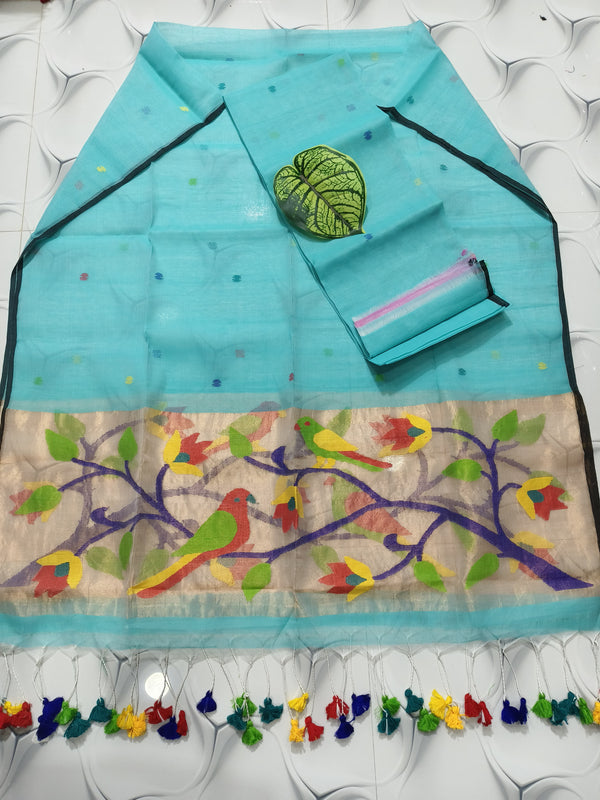 Pure Muslin Cotton Jamdani weaved 2 Pc Unstitched Suit with Paithani border