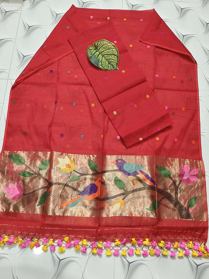 Pure Muslin Cotton Jamdani weaved 2 Pc Unstitched Suit with Paithani border