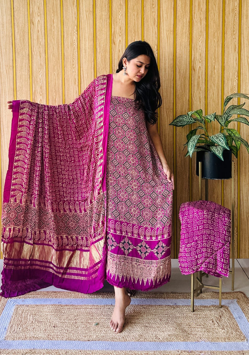 Pure Modal Silk Zari Pallu Weaved 3pc Unstitched Suit