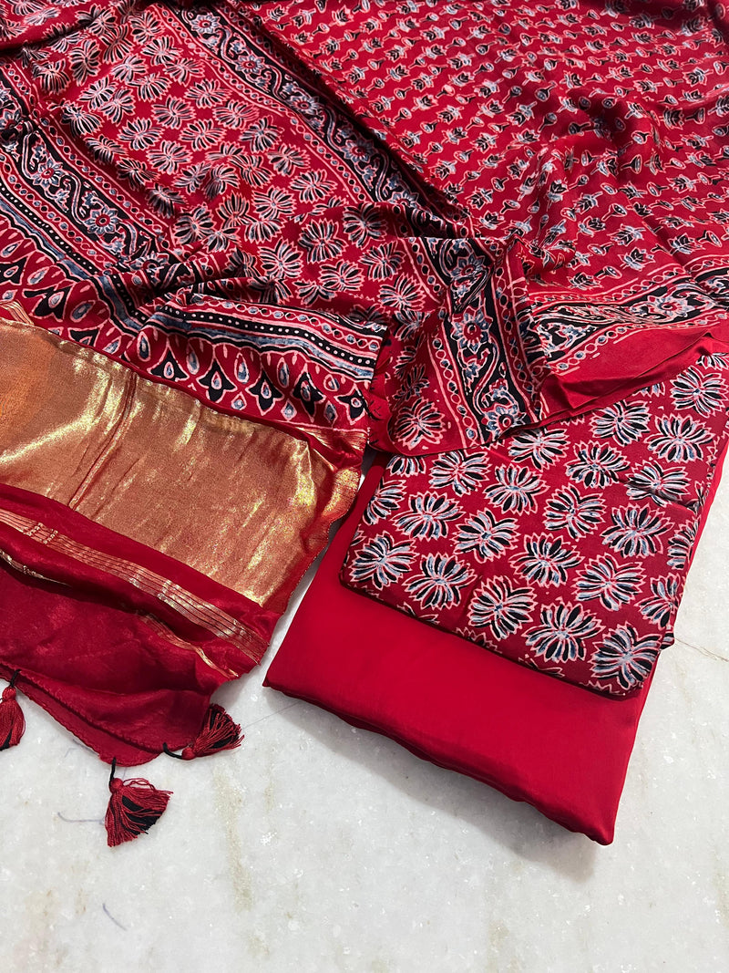 Pure Modal Silk Zari Pallu Weaved 3pc Unstitched Suit