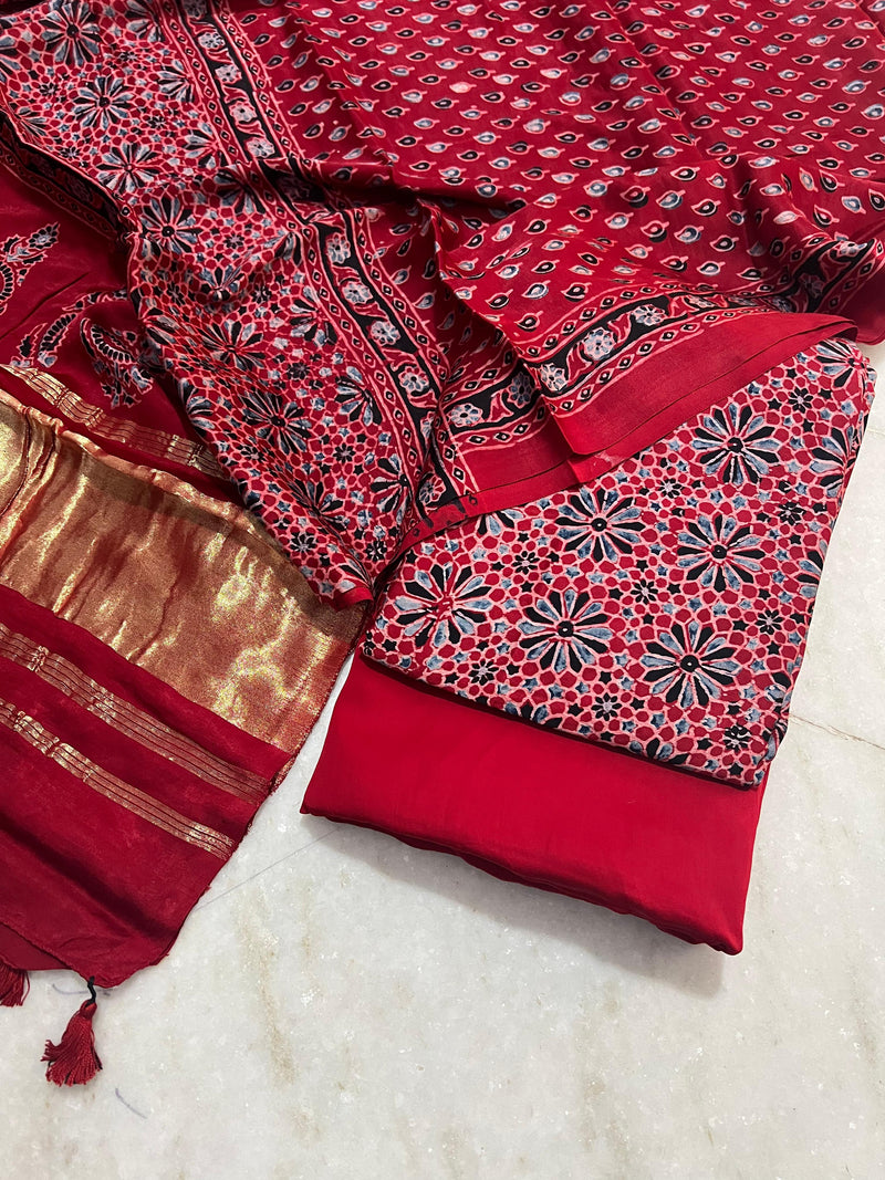 Pure Modal Silk Zari Pallu Weaved 3pc Unstitched Suit