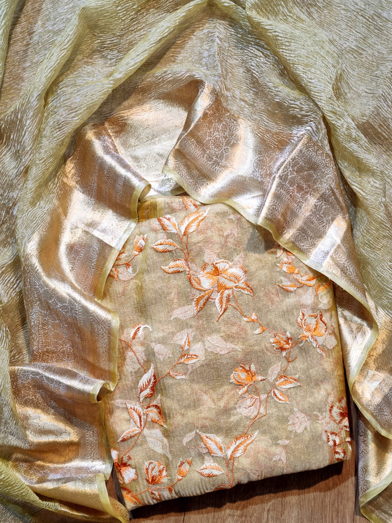 Pure Banarasi Tissue Silk Unstitched Suit With Crushed Tissue dupatta