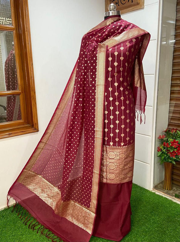 Exclusive Banarasi Mercerised Silk Unstitched Suit with Zari Weaving