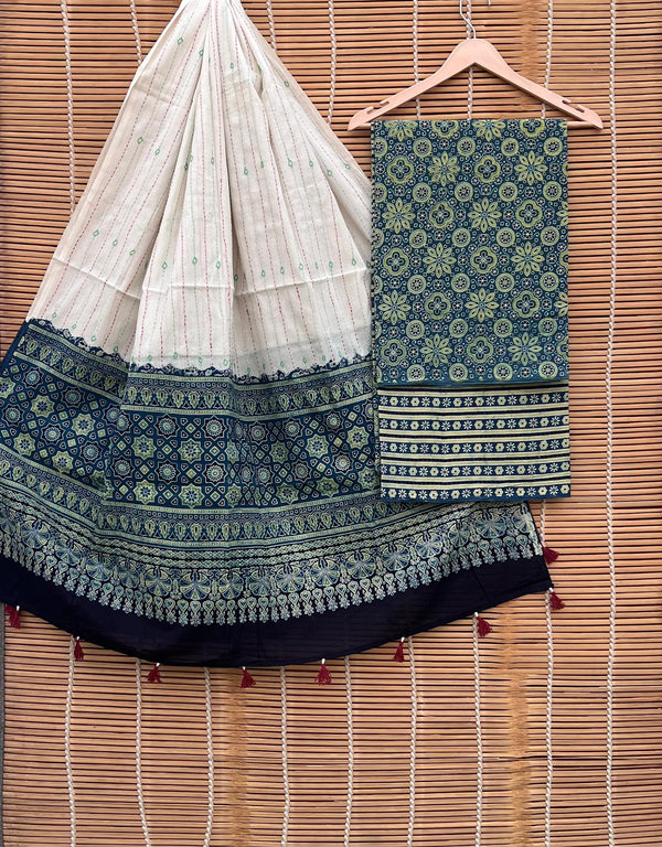 Pure Cotton Azrakh Print Unstitched suit With Handkantha Work Azrakh Pallu Dupatta.