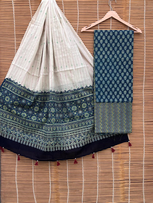 Pure Cotton Azrakh Print Unstitched suit With Handkantha Work Azrakh Pallu Dupatta.