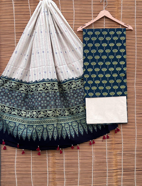 Pure Cotton Azrakh Print Unstitched suit With Handkantha Work Azrakh Pallu Dupatta.