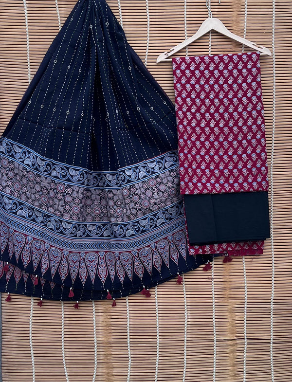 Pure Cotton Azrakh Print Unstitched suit With Handkantha Work Azrakh Pallu Dupatta.