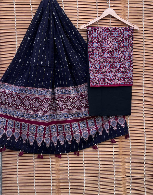 Pure Cotton Azrakh Print Unstitched suit With Handkantha Work Azrakh Pallu Dupatta.