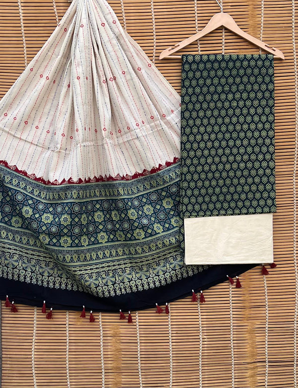 Pure Cotton Azrakh Print Unstitched suit With Handkantha Work Azrakh Pallu Dupatta