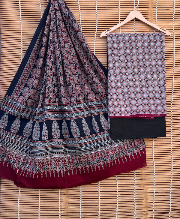 Pure Cotton Azrakh Print Unstitched suit With Handkantha Work Azrakh Pallu Dupatta