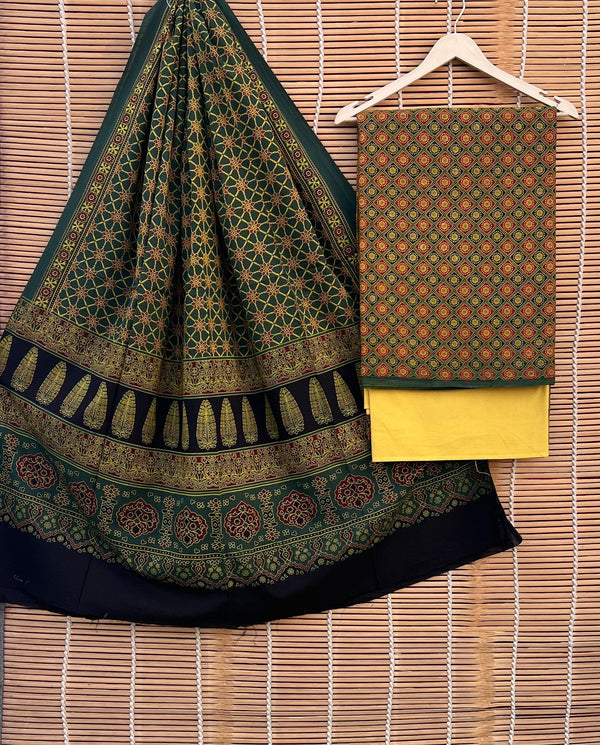 Pure Cotton Azrakh Print Unstitched suit With Handkantha Work Azrakh Pallu Dupatta