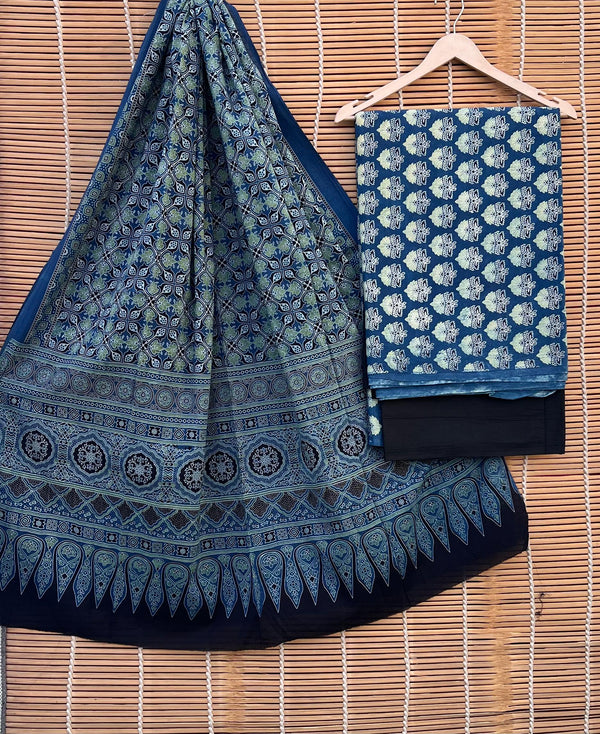 Pure Cotton Azrakh Print Unstitched suit With Handkantha Work Azrakh Pallu Dupatta