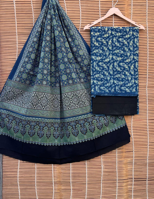 Pure Cotton Azrakh Print Unstitched suit With Handkantha Work Azrakh Pallu Dupatta