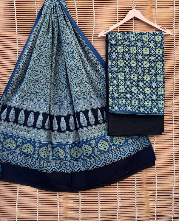 Pure Cotton Azrakh Print Unstitched suit With Handkantha Work Azrakh Pallu Dupatta