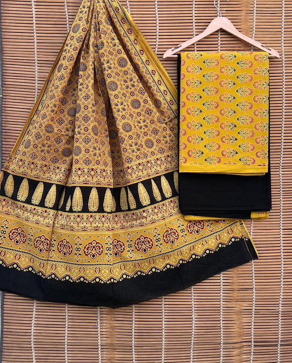 Pure Cotton Azrakh Print Unstitched suit With Handkantha Work Azrakh Pallu Dupatta