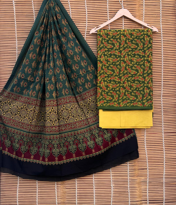 Pure Cotton Azrakh Print Unstitched suit With Handkantha Work Azrakh Pallu Dupatta